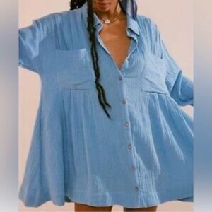 Free People Gauze Blue Button-Down Tunic/Shirt Dress - The Voyager